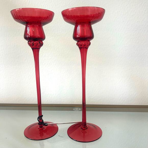 Artisan Handblown Glass Taper Candle Holder 11" Holiday Red Set of 2 NEW - Picture 5 of 8
